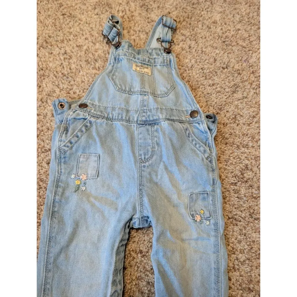 OshKosh B’gosh Baby Light Wash Blue Denim Overalls Size 18M Floral Embroidered
